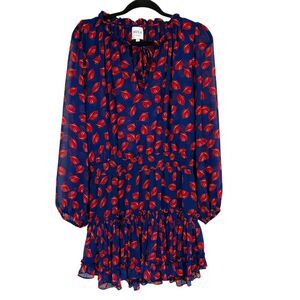 MISA Long Sleeve Leaf Print Ruched Smocked Mini Dress Blue Red Size L
